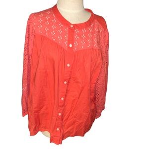 J. Crew Womens BF833 Mixed Media Eyelet Button Shirt Coral pink size XL blouse